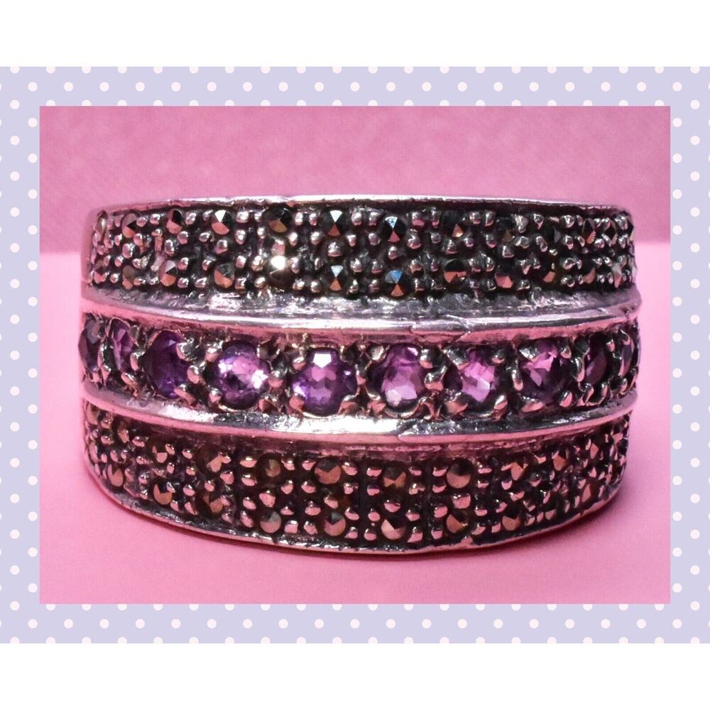 VTG Sterling Silver Wide Cigar Band Amethyst Marcasite Ring Approximate Size 7